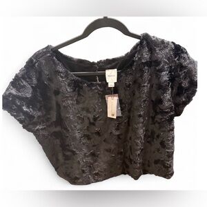 MAEVE - women’s black fluffy elegant top with gold button in back.